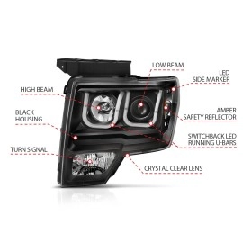 Anzo 111383 - Projector Headlights w/ U-Bar Halo & Switchback Turn Signal (Black Housing, Clear Lens)