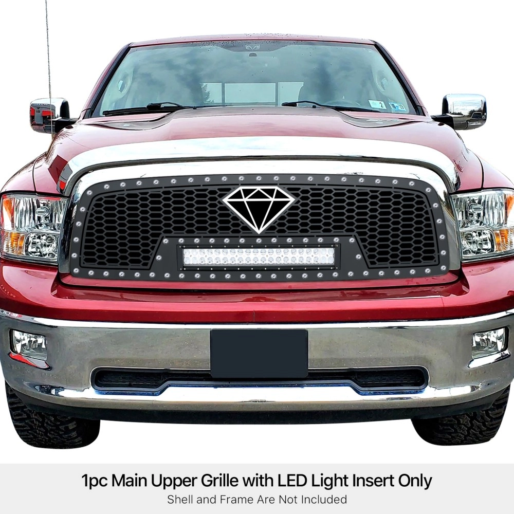 APS GR04LEA69L - Black Stainless Steel Main Upper Laser Cut Rivet Mesh Grille w/ 12" & 2 x 3" LED