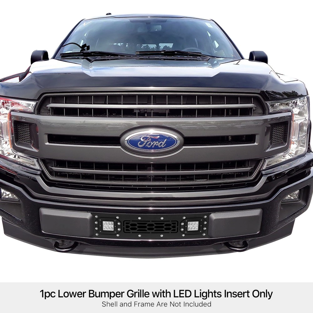 APS GR06LFD01L - Black Stainless Steel Lower Bumper Laser Cut Rivet Mesh Grille w/ 2 x 3" LED