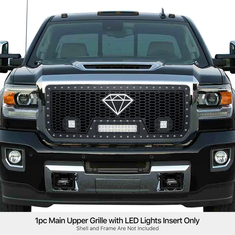APS GR07LFC25L - Black Stainless Steel Main Upper Laser Cut Rivet Mesh Grille w/ 12" & 2 x 3" LED