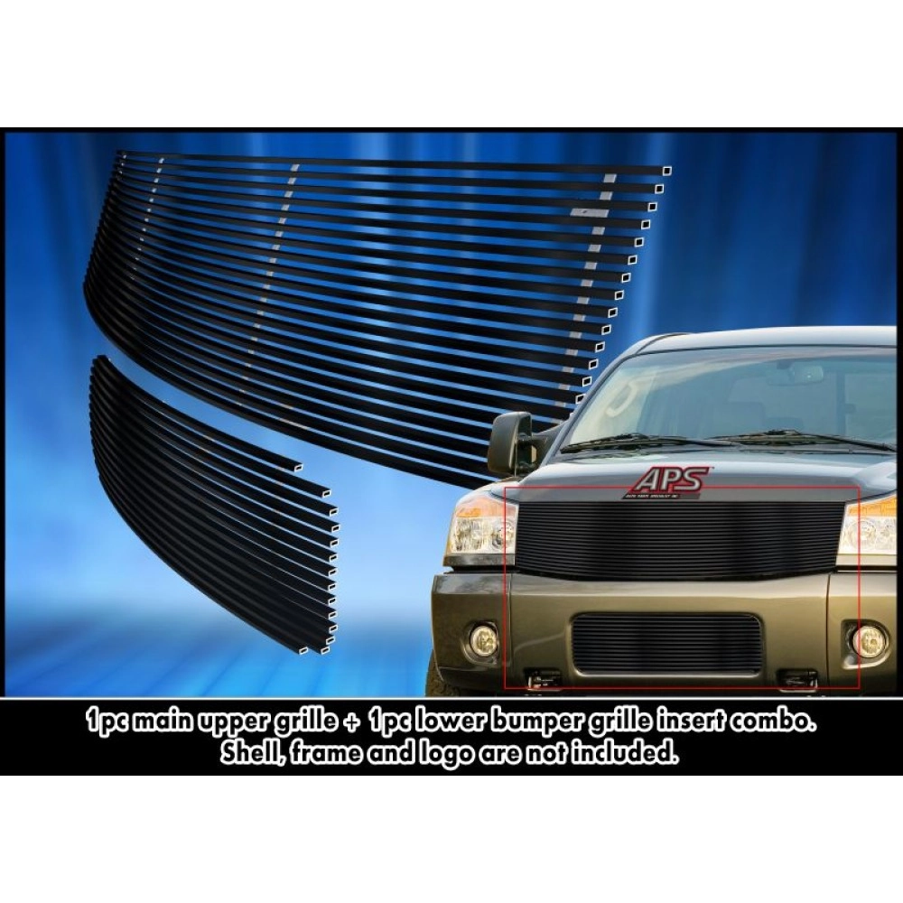 APS GR14HGH16J - Black Stainless Steel Main Upper + Lower Bumper Horizontal Billet Grille